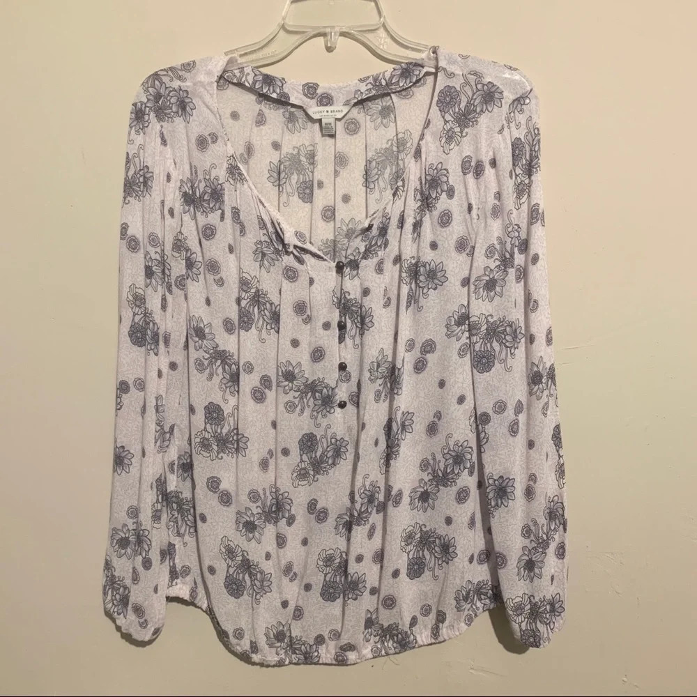 Lucky Brand Floral Semi Sheer Long Sleeve Boho Top M